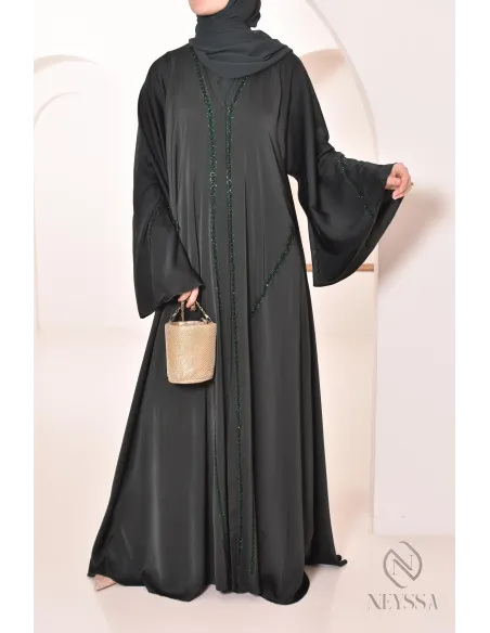Abaya Dubaï longue vert à strass et perles pour femme hijabi tendance