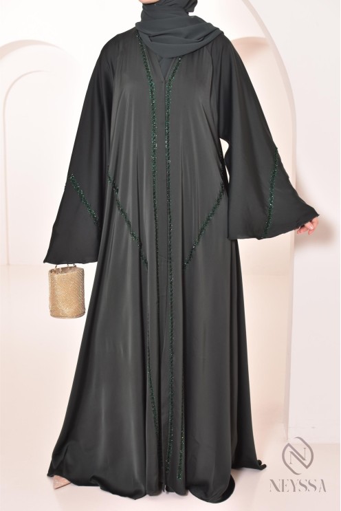 Abaya Dubaï longue vert à strass et perles pour femme hijabi tendance