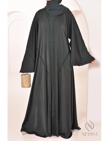 Abaya Dubai lang grün mit Strass und Perlen für Frauen Hijabi