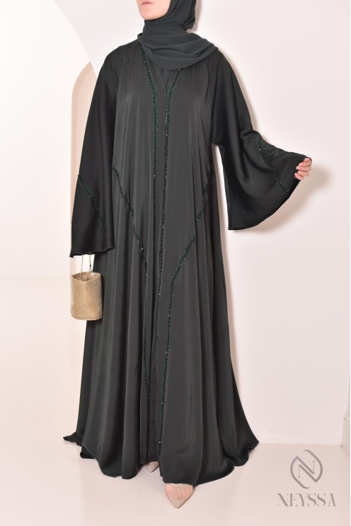 Abaya Dubaï long green with rhinestones and pearls for women hijabi