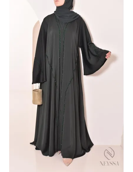Abaya Dubai lang grün mit Strass und Perlen für Frauen Hijabi