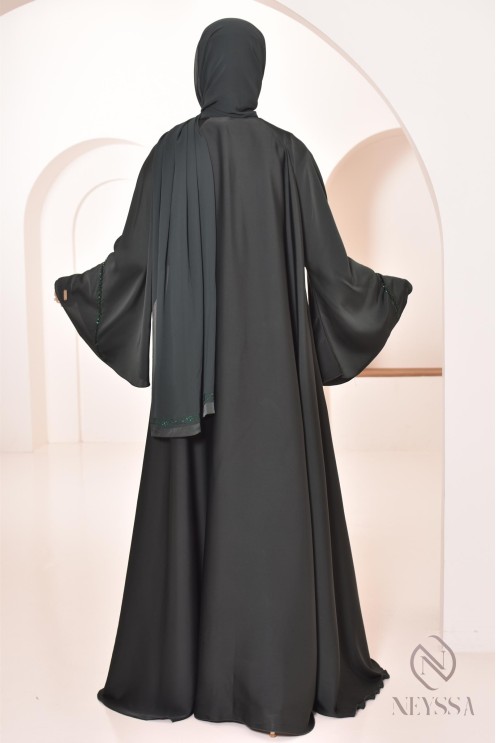 Abaya Dubai lang grün mit Strass und Perlen für Frauen Hijabi