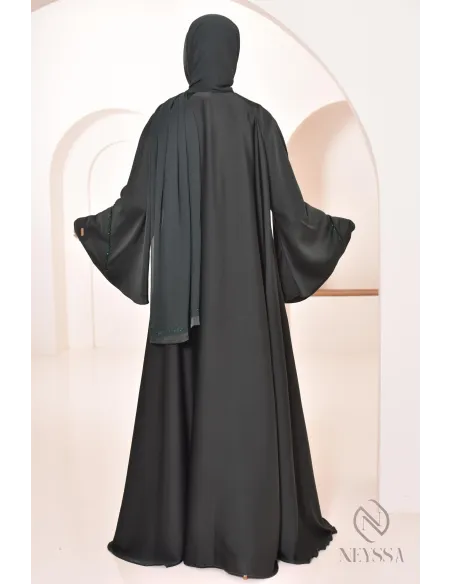 Abaya Dubaï long green with rhinestones and pearls for women hijabi