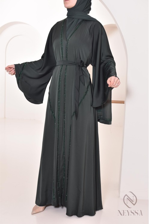 Abaya Dubaï long green with rhinestones and pearls for women hijabi