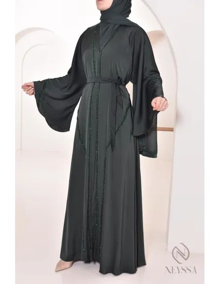 Abaya Dubaï long green with rhinestones and pearls for women hijabi