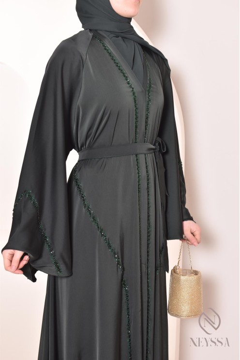 Abaya Dubai lang grün mit Strass und Perlen für Frauen Hijabi