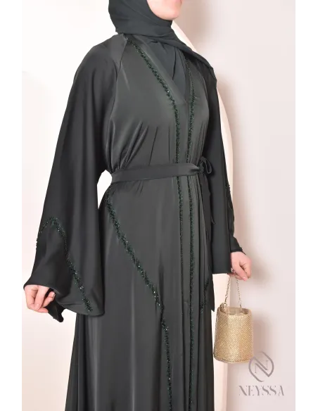 Abaya Dubaï long green with rhinestones and pearls for women hijabi