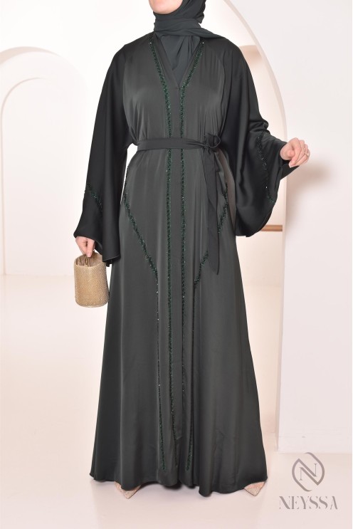 Abaya Dubai lang grün mit Strass und Perlen für Frauen Hijabi