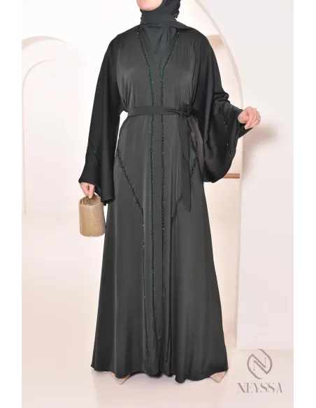 Abaya Dubaï longue vert à strass et perles pour femme hijabi tendance