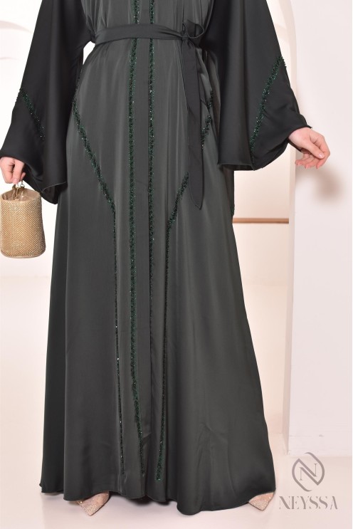 Abaya Dubai lang grün mit Strass und Perlen für Frauen Hijabi