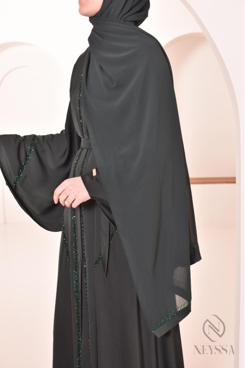 Abaya Dubai lang grün mit Strass und Perlen für Frauen Hijabi