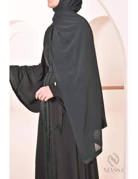 Abaya Dubai lang grün mit Strass und Perlen für Frauen Hijabi