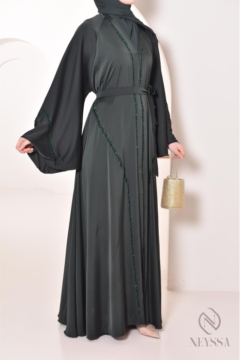 Abaya Dubaï long green with rhinestones and pearls for women hijabi