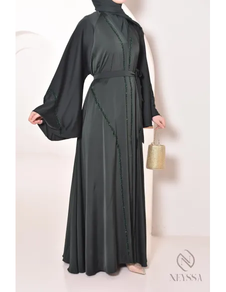 Abaya Dubai lang grün mit Strass und Perlen für Frauen Hijabi