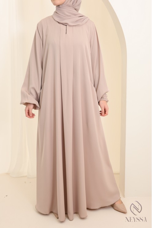 Long nude Dubai abaya for hijabi women, made from luxurious nidah silk