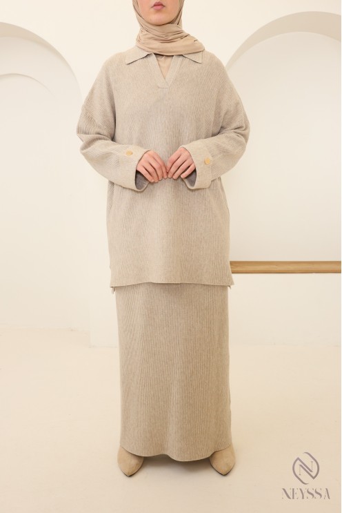 Ensemble jupe maille tissée, tunique col polo avec jupe modeste