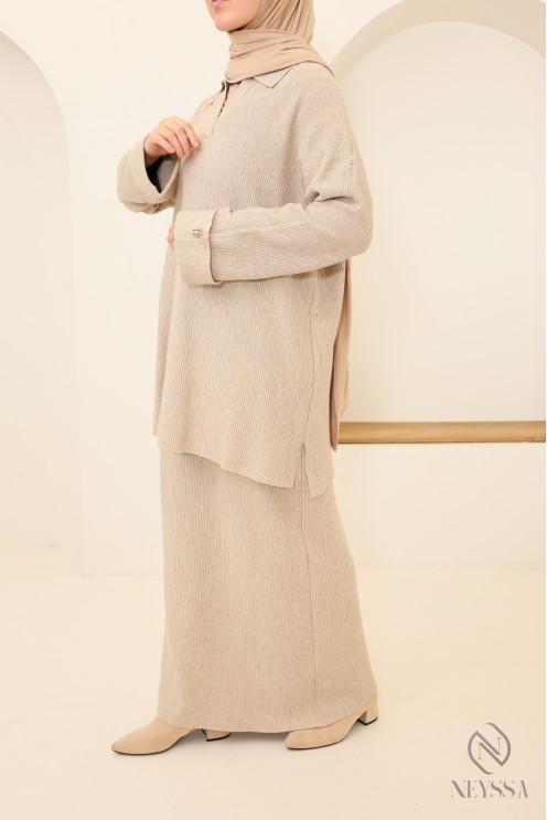 Woven knit skirt set, polo neck tunic with modest skirt