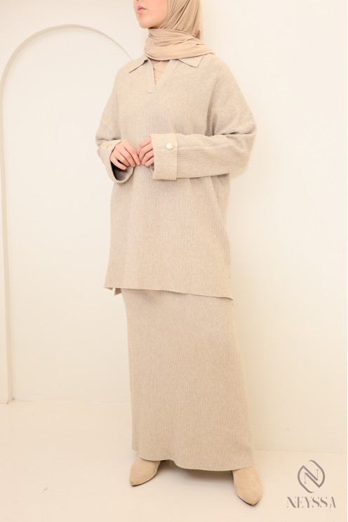 Ensemble jupe maille tissée, tunique col polo avec jupe modeste