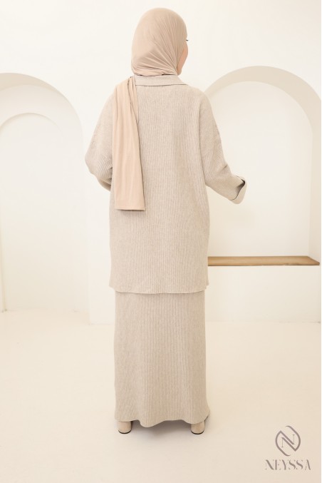 Woven knit skirt set, polo neck tunic with modest skirt