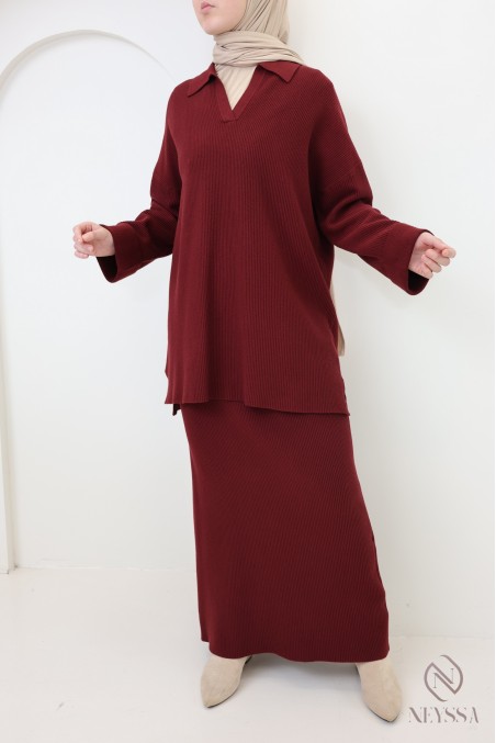 2-teiliges Set: Tunika mit Polokragen + Rock, gewebter Strickstoff