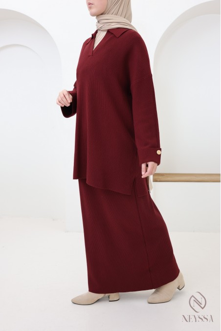 Ensemble 2 pièces : tunique col polo + jupe, tissu maille tissé