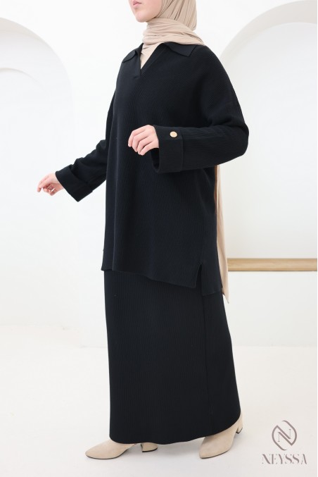 Shirt-style top + long black woven knit skirt set
