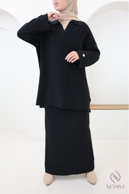 Shirt-style top + long black woven knit skirt set