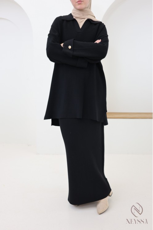 Shirt-style top + long black woven knit skirt set