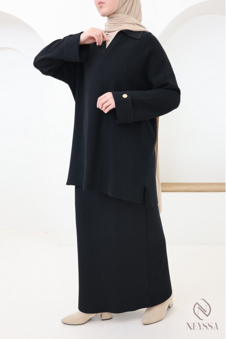 Ensemble femme polo + jupe longue en maille tissée noir