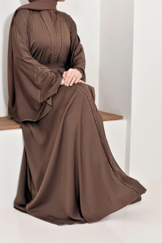 Brown Dubai kimono abaya with embroidered pearls, flared sleeves
