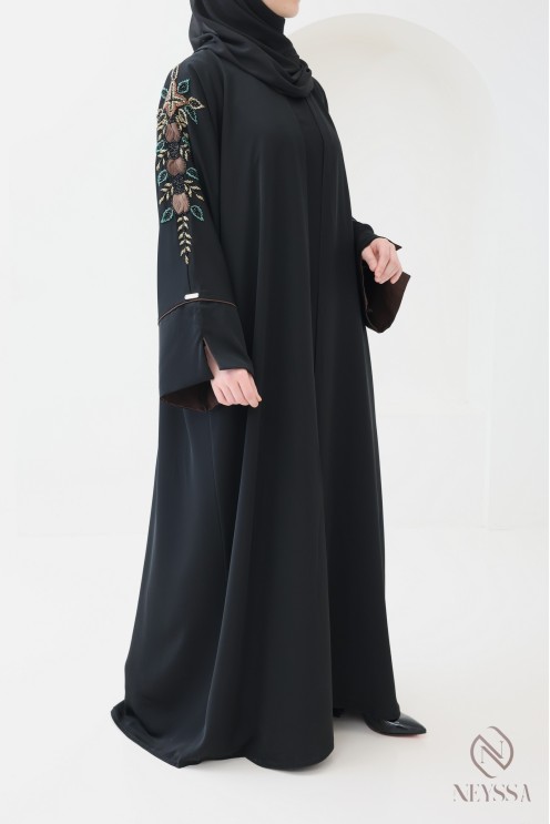 Abaya Dubaï kimono 4 pièces avec perles brodées et organza