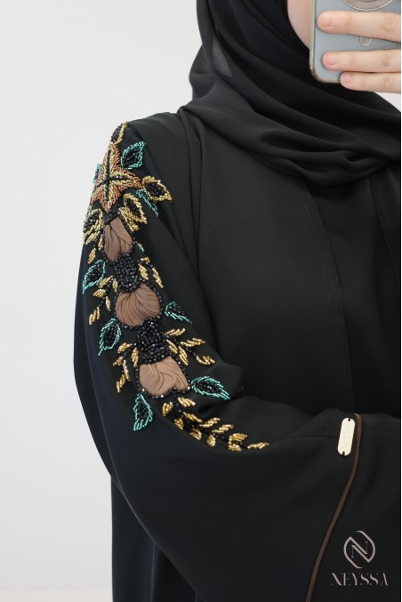 Abaya Dubaï kimono 4 pièces avec perles brodées et organza