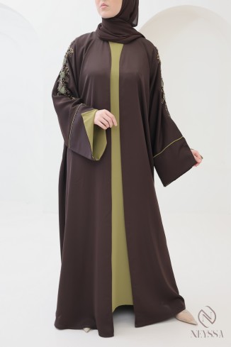 Abaya Dubaï 4 pièces chocolat manches revers femme hijabi