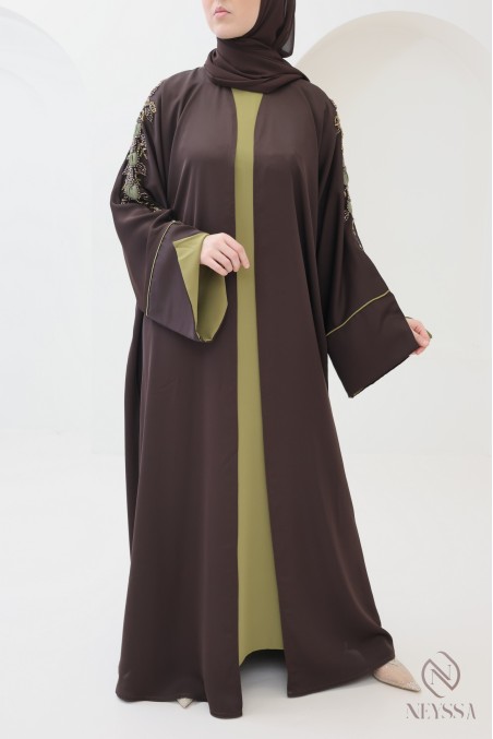 Dubai 4-piece chocolate abaya with cuffed sleeves for hijabi women