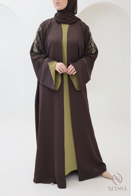 Abaya Dubaï 4 pièces chocolat manches revers femme hijabi
