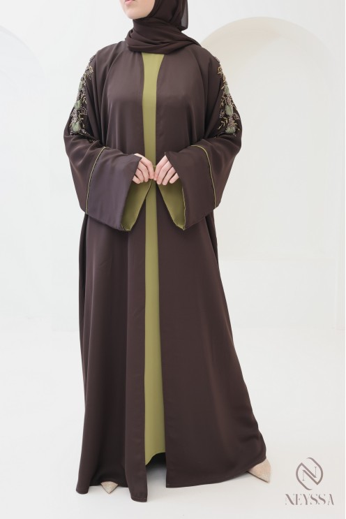 Abaya Dubaï 4 pièces chocolat manches revers femme hijabi