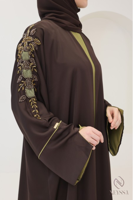 Abaya Dubaï 4 pièces chocolat manches revers femme hijabi