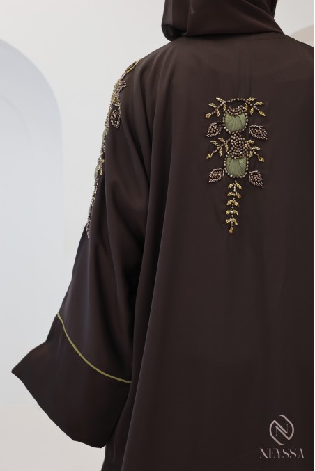 Abaya Dubai 4-teilig schokoladenbraun mit Umschlagärmeln