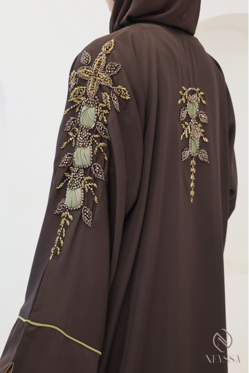 Abaya Dubaï 4 pièces chocolat manches revers femme hijabi
