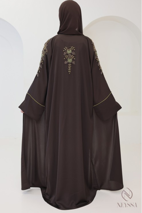Abaya Dubai 4-teilig schokoladenbraun mit Umschlagärmeln