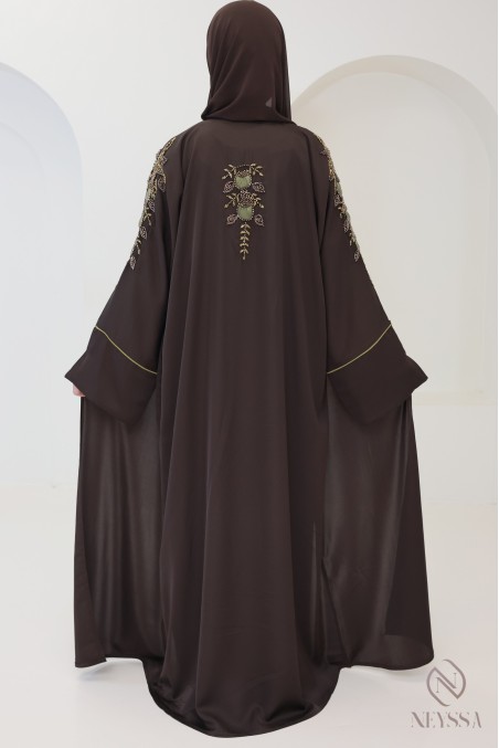 Abaya Dubai 4-teilig schokoladenbraun mit Umschlagärmeln