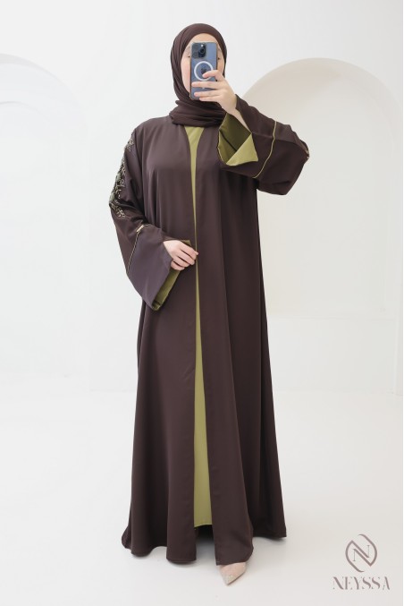 Dubai 4-piece chocolate abaya with cuffed sleeves for hijabi women
