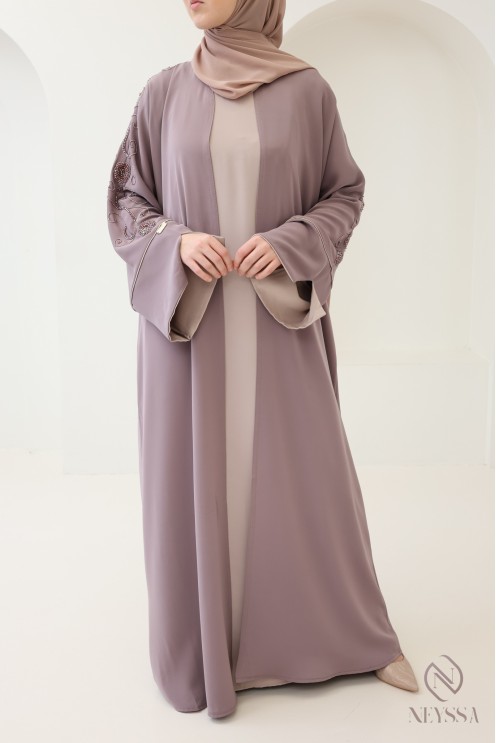Abaya Dubaï avec kimono à perles brodées, outfit tendance Aïd
