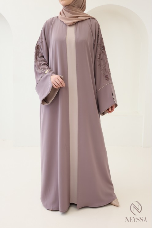 Dubai abaya with embroidered pearl kimono, trendy Eid outfit