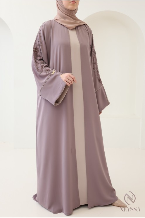 Dubai abaya with embroidered pearl kimono, trendy Eid outfit