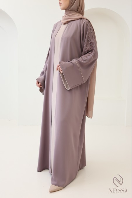 Dubai abaya with embroidered pearl kimono, trendy Eid outfit