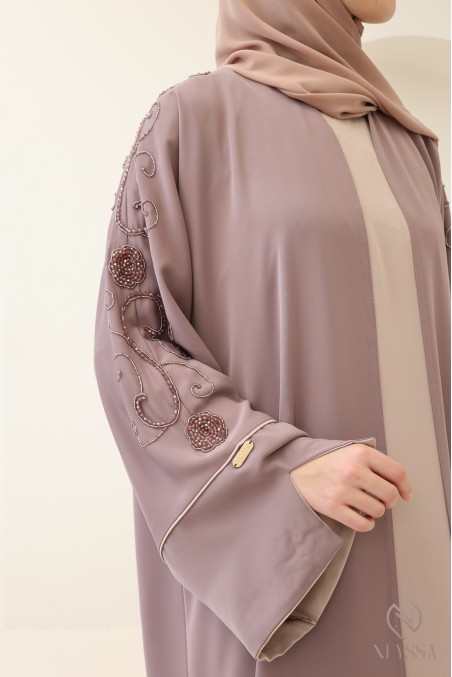Dubai abaya with embroidered pearl kimono, trendy Eid outfit