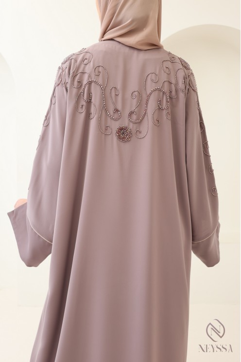 Dubai abaya with embroidered pearl kimono, trendy Eid outfit