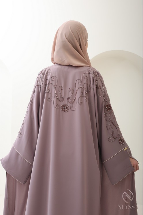 Dubai abaya with embroidered pearl kimono, trendy Eid outfit