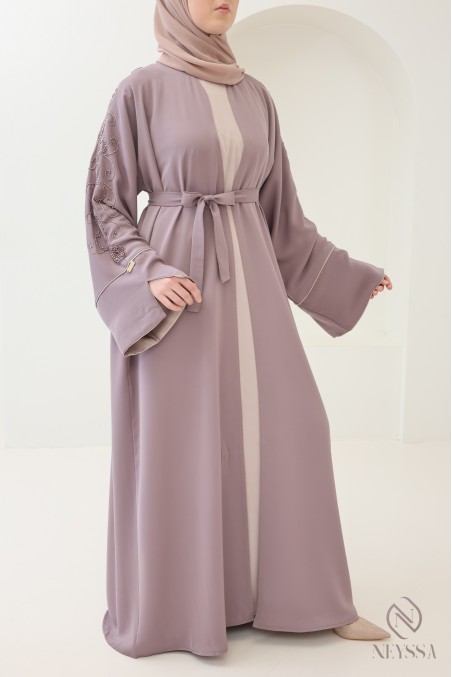 Abaya Dubaï avec kimono à perles brodées, outfit tendance Aïd